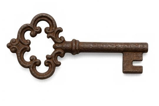 Antique rusty key with ornate bow isolated on transparent background, ideal for concepts related to history, security, and mystery