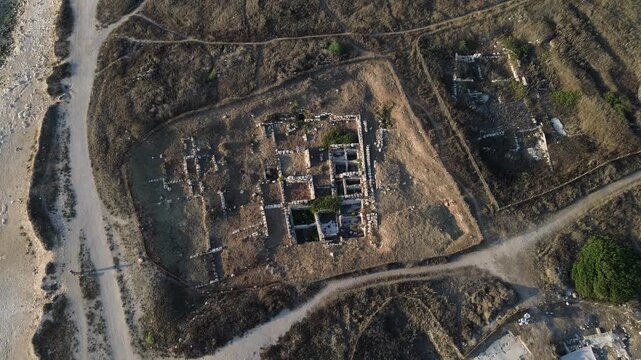 Beautiful aerial view  of Tel Shikmona,an ancient Phoenician tell (hill) in the north of Israel. situated near the sea coast in the modern city of Haifa, Israel,static video footage