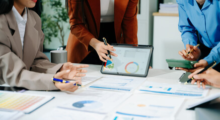 Team work process. Photo young business crew working with new startup project. Project managers meeting