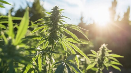 Naklejka premium Lush green cannabis plant in sunlight.