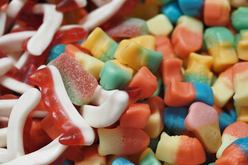 Colorful candy assortment with gummy sweets and fruit shapes