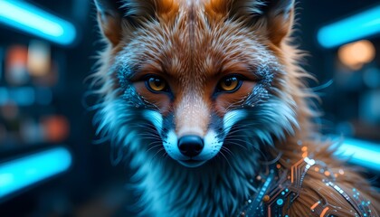 "AI-enhanced fox portrait, with circuit-like tattoos and a virtual reality background"
