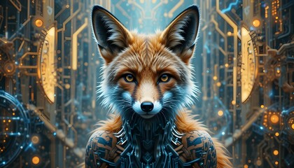 "AI-enhanced fox portrait, with circuit-like tattoos and a virtual reality background"
