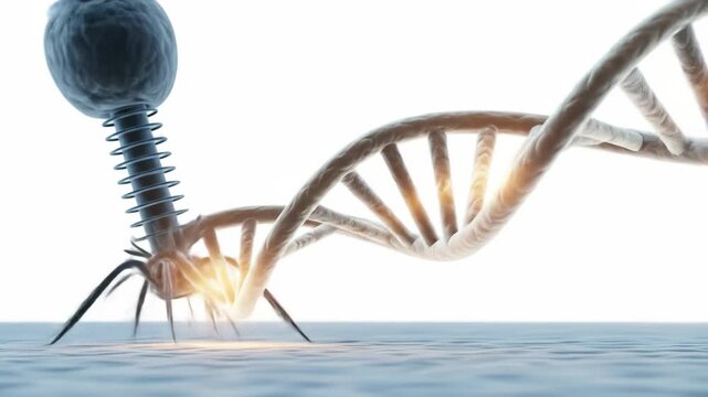 Bacteriophage Infecting DNA Strand - A 3D video depicts a bacteriophage penetrating a DNA double helix. The phage's tail fibers are embedded into the DNA, illustrating a viral infection process.