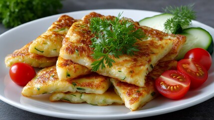 Delicious potato pancakes garnished with fresh parsley, cherry tomatoes, and cucumber slices