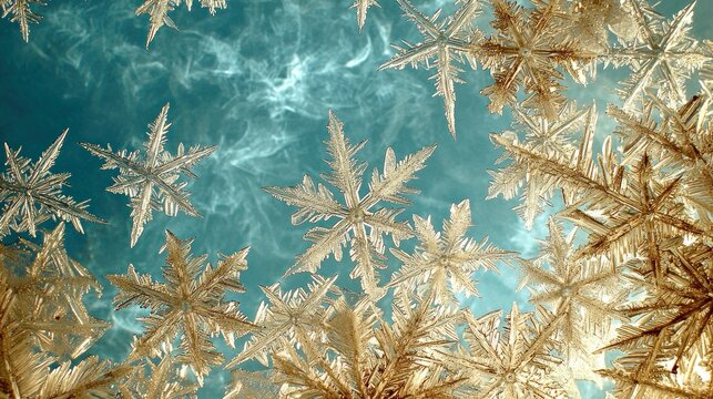 Detailed macro photograph of intricate snowflakes against a teal background