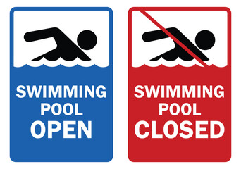 swimming pool open and close sign in blue and red background