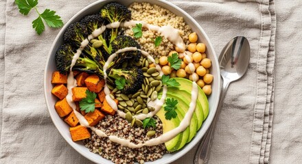 Overhead shot of a healthy grain bowl with roasted broccoli, sweet potato, avocado, chickpeas, and seeds, drizzled with sauce.