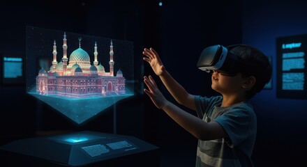 Young Boy Exploring a 3D Virtual Mosque Model using VR Headset: Immersive Technology and Cultural Heritage