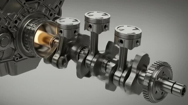 Detailed view of an engine crankshaft assembly showcasing pistons and connecting rods in motion