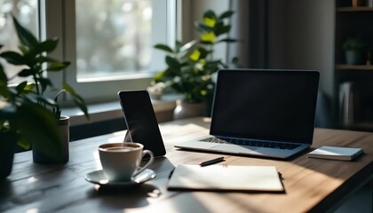 Serene Workspace Laptop, Coffee, and Plants for Focus & Productivity at Home Office Desktop, Inspiring Success 