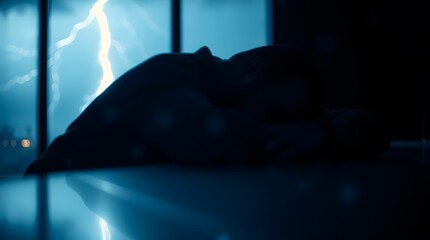 Person silhouette lightning storm weather background dramatic dark blue aesthetic
