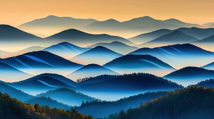 A beautiful panoramic painting featuring multiple layered mountain ridges