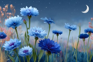 Blue cornflowers blooming in a field under the crescent moon and stars