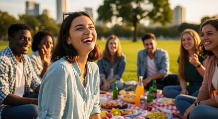 Naklejka premium Group of diverse young adults enjoying a picnic on a sunny day in a park, laughing and socializing.