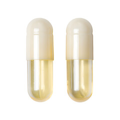 Obraz premium Pair of pharmaceutical capsules showcasing translucent contents on dark backdrop