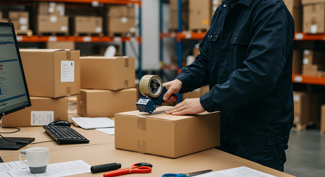 Warehouse worker sealing cardboard box with tape, preparing shipment. - Powered by Adobe