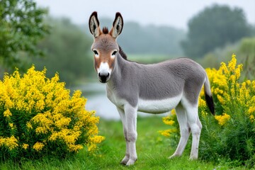 Cute donkey foal standing in a field with yellow flowers