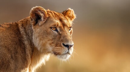 Lioness with a focused gaze, showcasing detailed fur under warm savanna sunlight