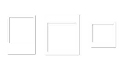 Empty white photo frame set with shadow. Retro vintage photograph with transparent adhesive tape. Digital snapshot image. Template or mockup for design. Vector illustration