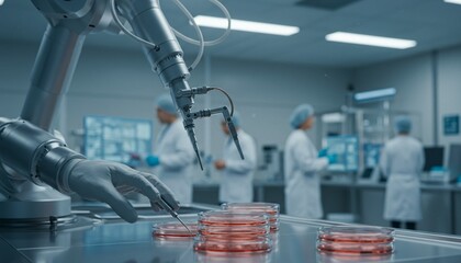 Photorealistic Image Of A High-tech Medical Research Facility. A Gleaming Robotic Arm