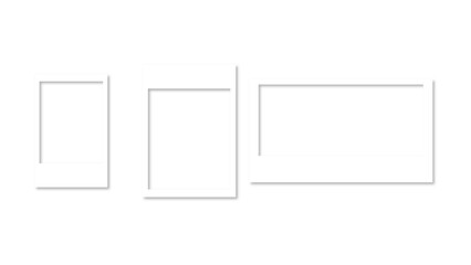 Empty white photo frame set with shadow. Retro vintage photograph with transparent adhesive tape. Digital snapshot image. Template or mockup for design. Vector illustration