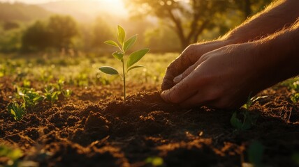 Fototapeta premium Hands Gently Planting a Young Plant in Soil at Golden Hour planting plant hands soil growing sprout