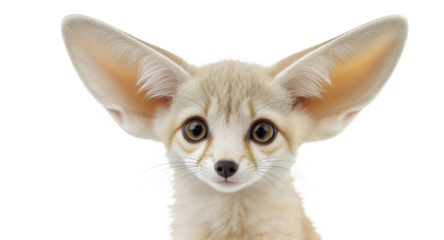 Closeup portrait of a small desert fox with large ears against a white background