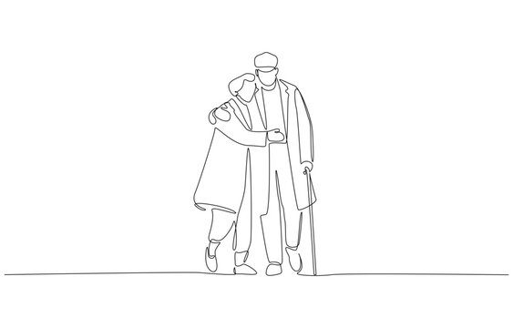 Continuous one line drawing of elderly couple walking together, lifelong romantic relationship concept, single line art
