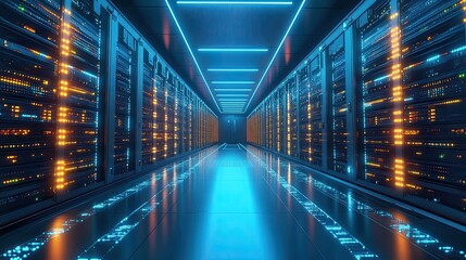 Futuristic data center with high-tech server racks, glowing indicators, and reflective flooring. 