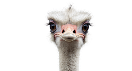 Closeup portrait of an ostrich head funny bird face white background