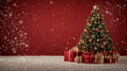 Festive Christmas tree with snow falling and Christmas gifts on a red background. Generative AI Illustration