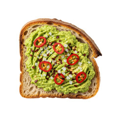 A vibrant slice of avocado toast, generously topped with fresh chili slices, spicy chili flakes, and coarse sea salt. Perfect for a healthy breakfast or brunch.