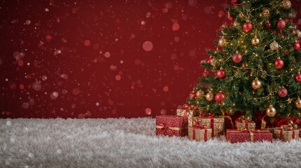 Festive Christmas tree with snow falling and Christmas gifts on a red background. Generative AI Illustration
