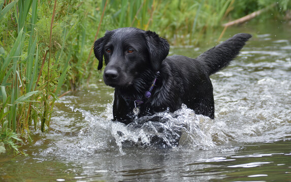 Black German Shepherd Dog Splashing in Water