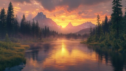 Fototapeta premium Golden Hour Light on Tranquil Mountain Lake with Misty Forest and Dramatic Sky Reflection mountain