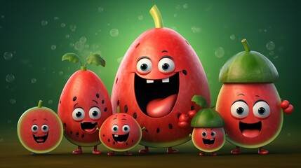 Watermelon Cartoon Icon Set Vector Design. Creative vector design of watermelon-themed emoji icons, showcasing joyful, surprised, and sleepy expressions on juicy, pink-red backgrounds