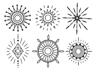 Collection of Six Hand Drawn Sun and Starburst Designs in Black and White Style