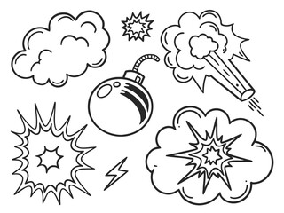 Black and White Cartoon Explosion Elements Bomb Clouds Lightning and Starbursts for Comic Book Style Designs