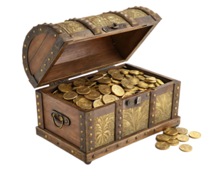An open wooden treasure chest filled with gold coins and ornate metal detailing on a black background