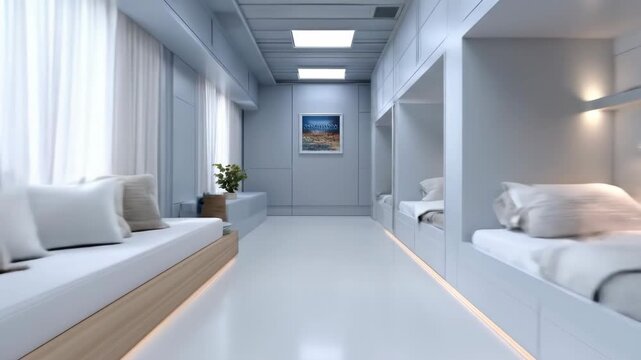 Modern, minimalist hostel dorm room with bunk beds and seating area