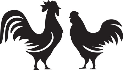 Dynamic Duo of Roosters: A Striking Black Silhouette Illustration of Farm Birds Standing Together, Embodiment of Poultry and Country Life