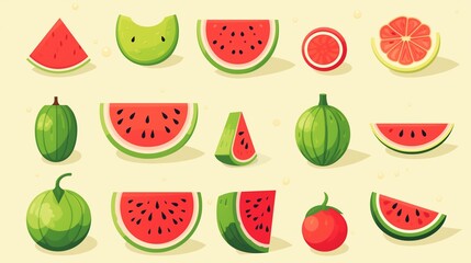 Watermelon Cartoon. Kawaii-style watermelon slice with big eyes, rosy cheeks, and a cheerful expression, perfect for stickers