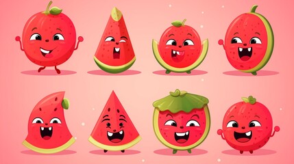 Watermelon Cartoon. Kawaii-style watermelon slice with big eyes, rosy cheeks, and a cheerful expression, perfect for stickers