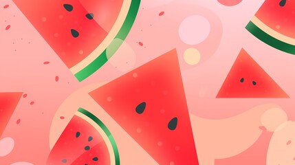 Watermelon Wallpaper. Artistic digital illustration of floating watermelon slices and seeds on a bright turquoise background
