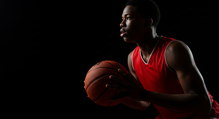 Focused young African American basketball player with ball in hands