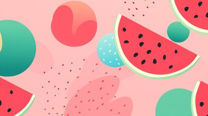 Watermelon Wallpaper. Artistic digital illustration of floating watermelon slices and seeds on a bright turquoise background