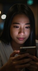 A Young Woman's Emotional Night: Tears and a Smartphone in Low Light
