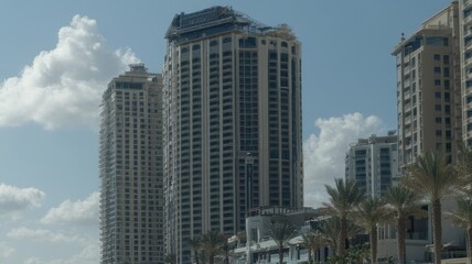 Naklejka premium Paragliding over a beach scene with modern high-rise buildings.
