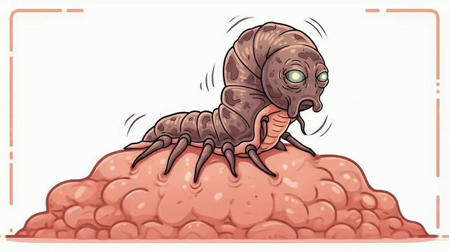 Cartoon parasite latched onto flesh surface in stylized macro scene